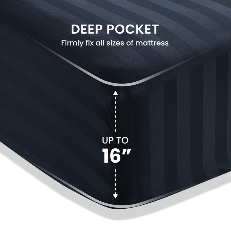 SLEEP ZONE Striped Cooling Sheets Set King Size - Fitted Flat Sheet & Pillowcase Sets 4 Piece - Super Soft Stripe Bed Sheet, Easy Care, Deep Pocket (Navy Blue, King) - Image 2